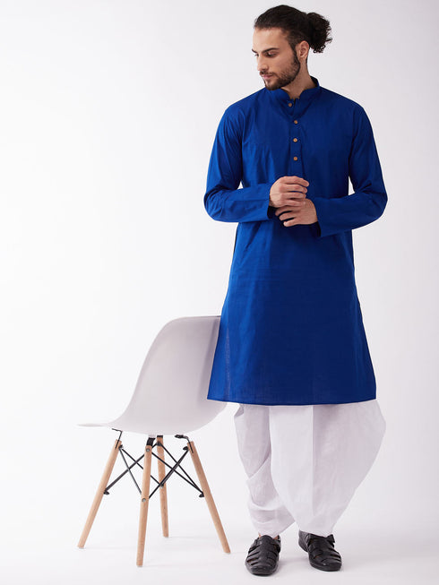 Vastramay Men's Blue And White Cotton Blend Kurta And Dhoti Set